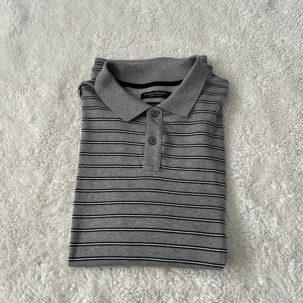 Banana Republic Mens Luxury Grey Strip Touch Polo Sz L Preppy College Casual